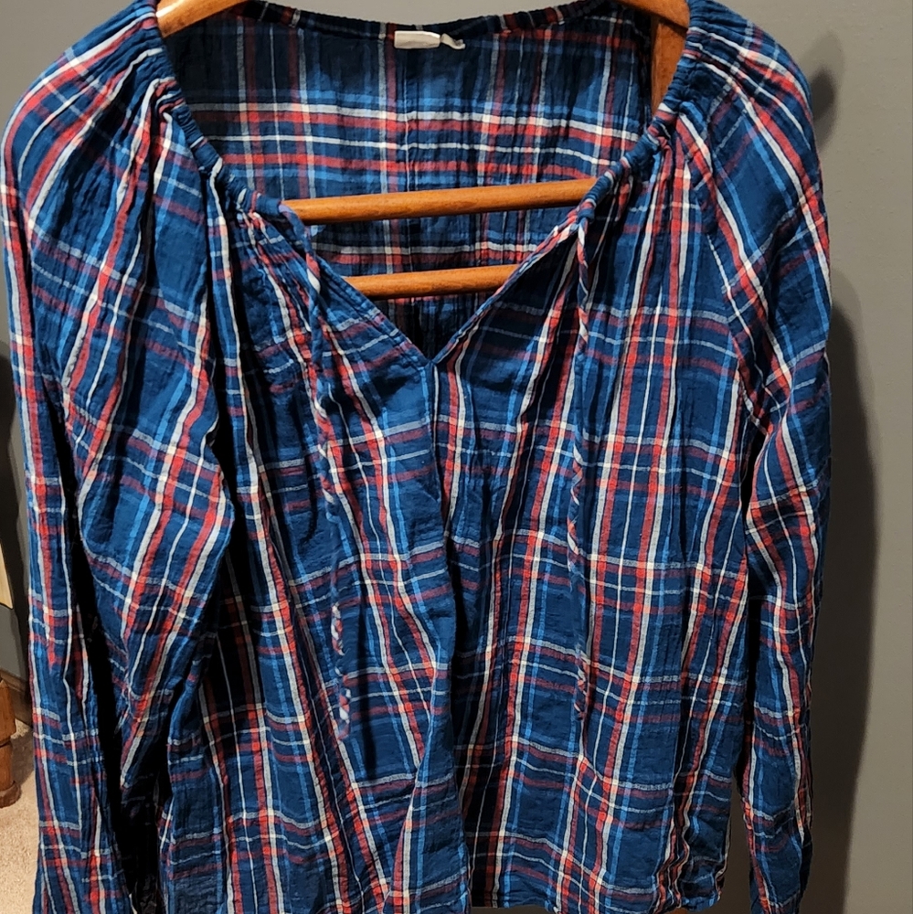 Vivid red white blue plaid GAP retro peasant top xxl